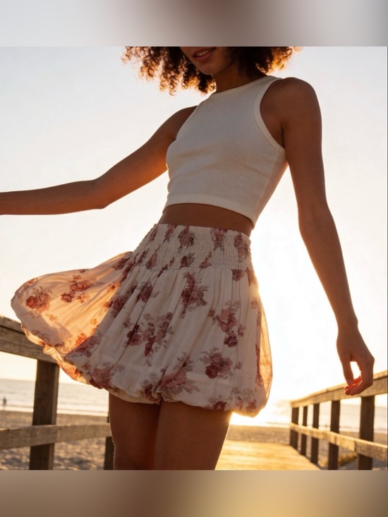 Wild Skye Dresses & Skirts - Floral Smocked Waist Mini Skirt - Cream with Dusty Rose